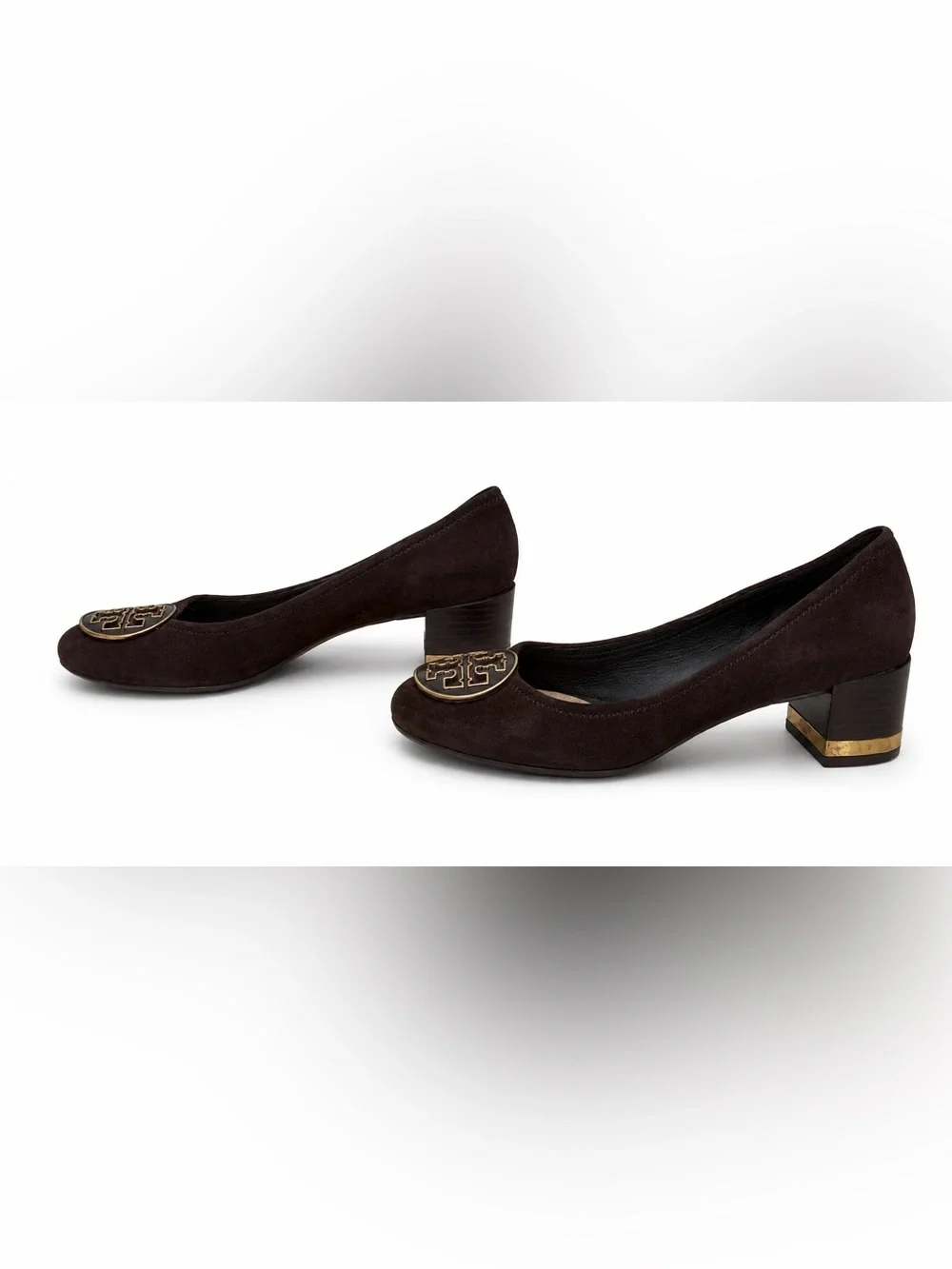 Tory Burch Brown Suede Block Heel Pumps Women’s Size 6.5M Gold Logo Shoes
